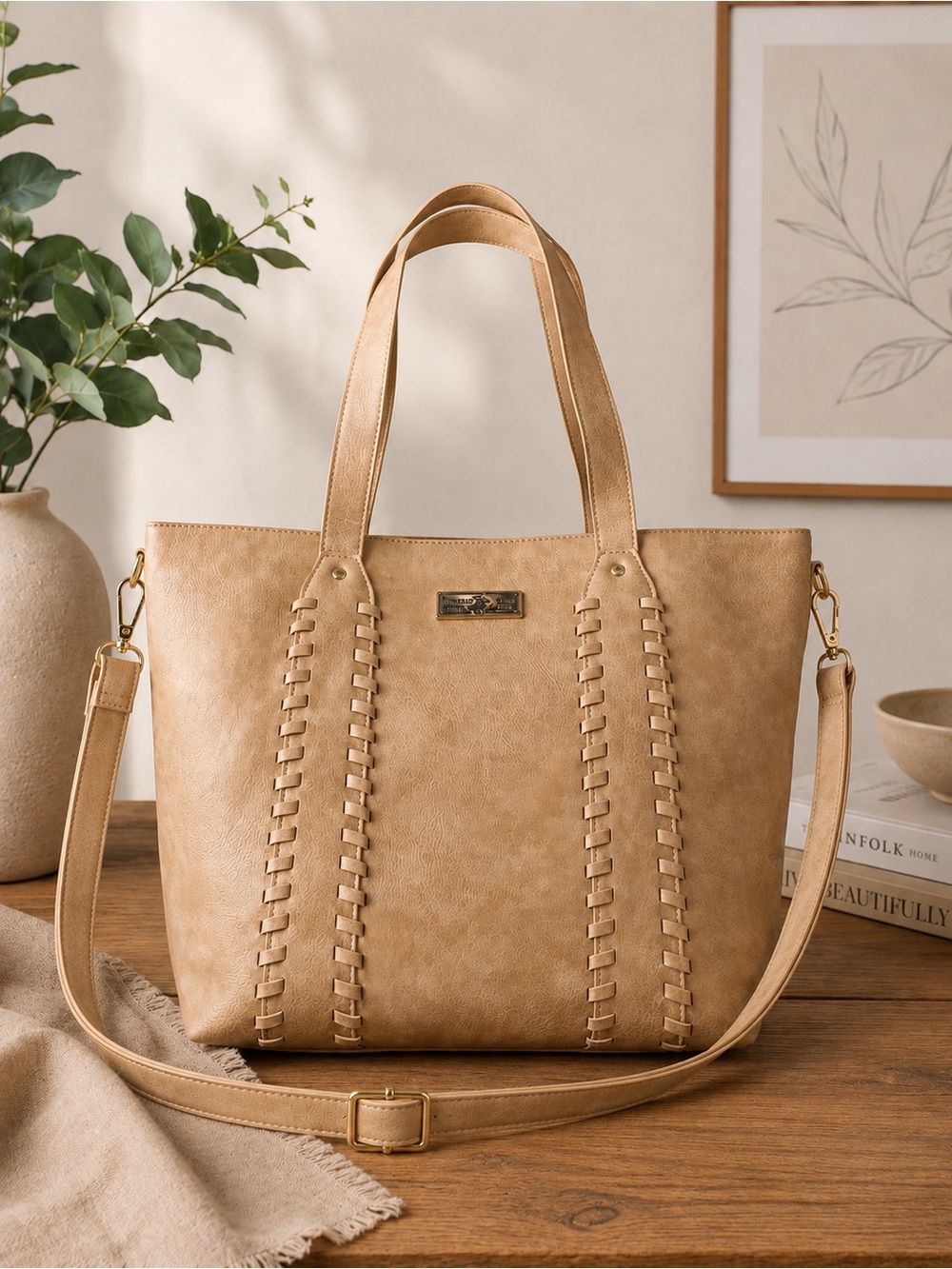 Beverly Hills Polo Club Tan Faux Leather Tote Bag Whipstitch Shoulder Purse